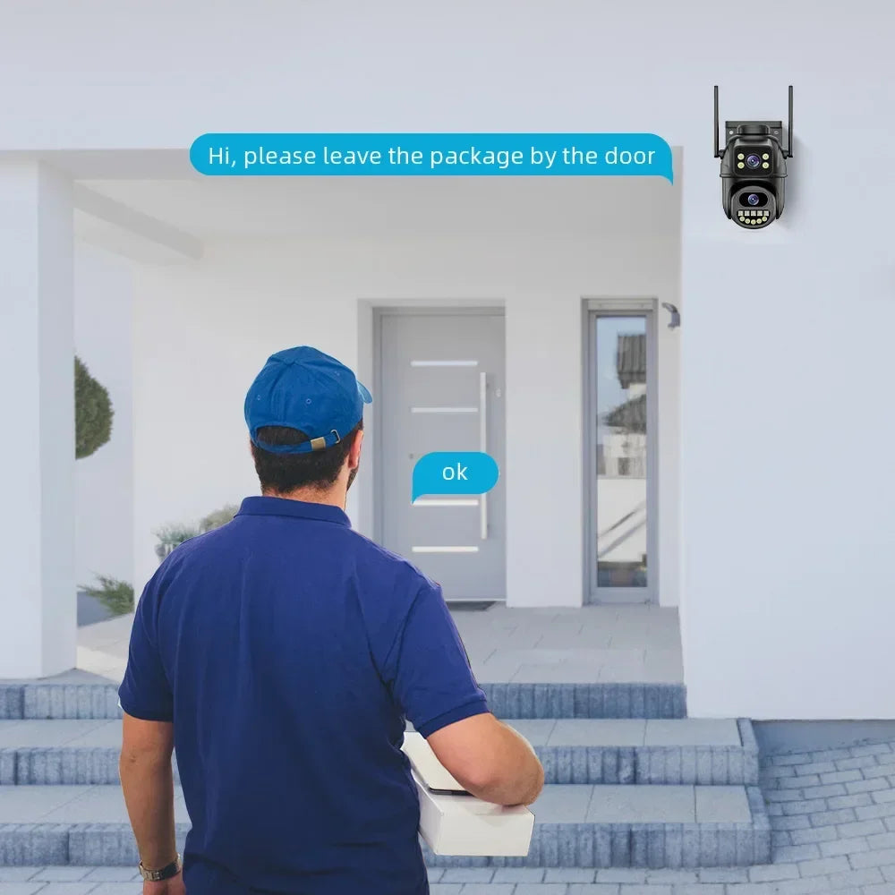 Delivery man at modern home door receiving instructions from Zaranss security camera intercom.
