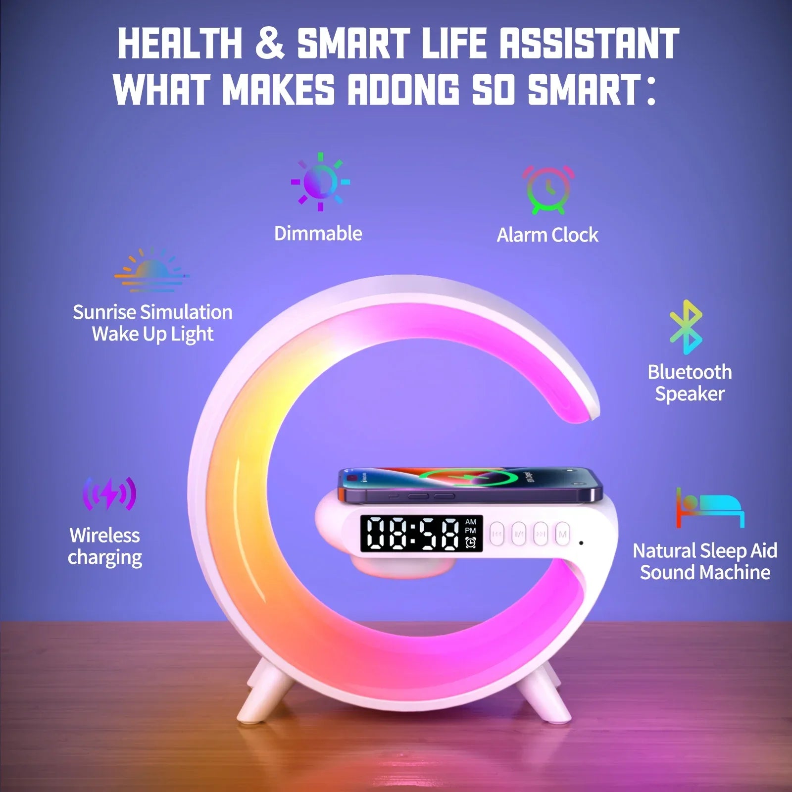 Smart sunrise alarm clock with wireless charging, Bluetooth speaker, dimmable LED, and natural sleep aid, featured on Zaranss.
