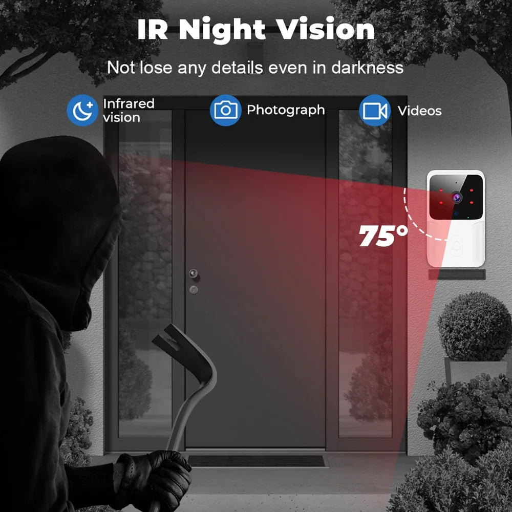 Security camera with IR night vision monitoring front door at night, wide 75-degree view, Zaranss