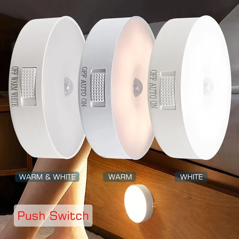 Zaranss LED night light with push switch, showing warm, white, and dual color modes on bedroom wall.