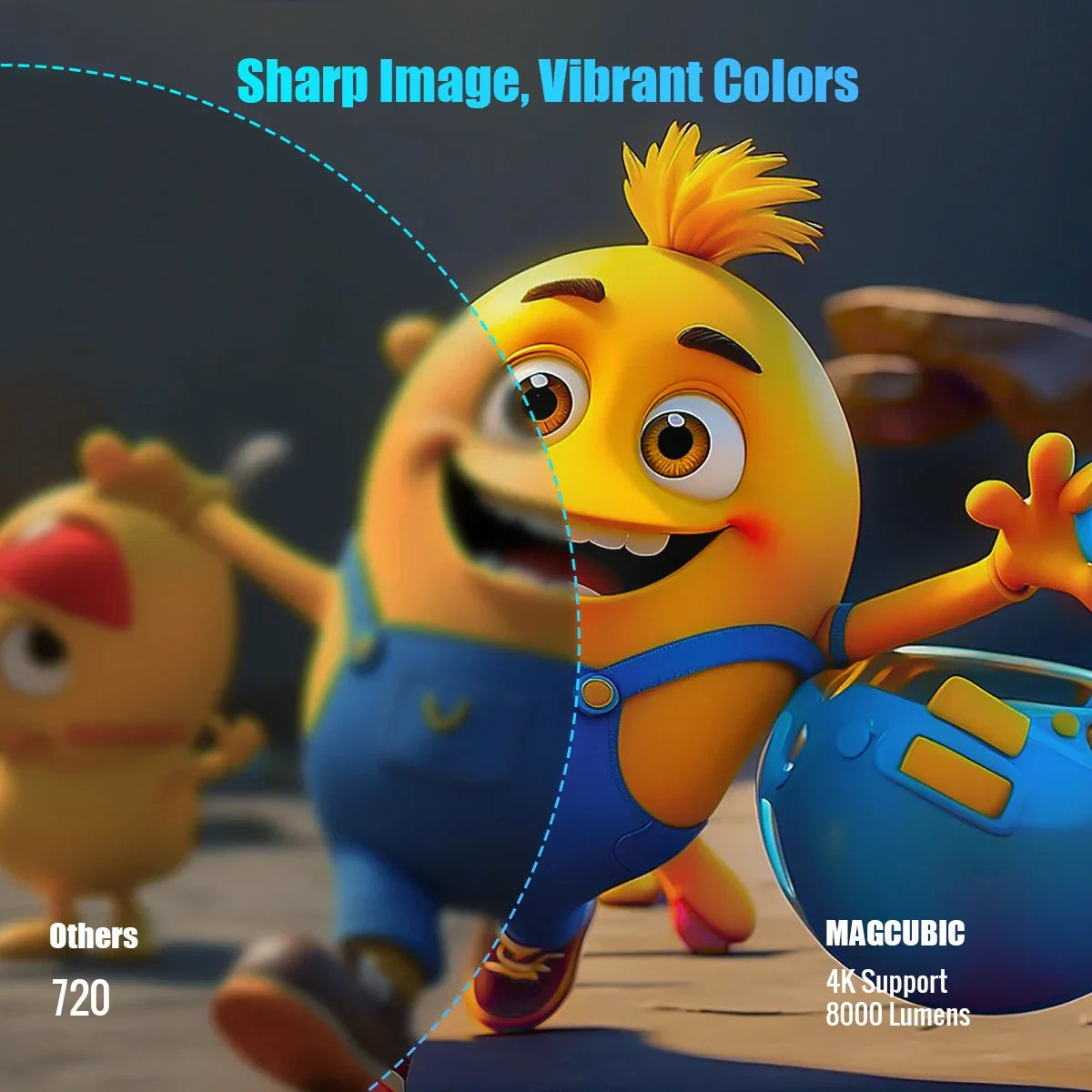 Animated yellow character comparison showing sharp 4K vibrant colors vs blurry 720p for Zaranss.