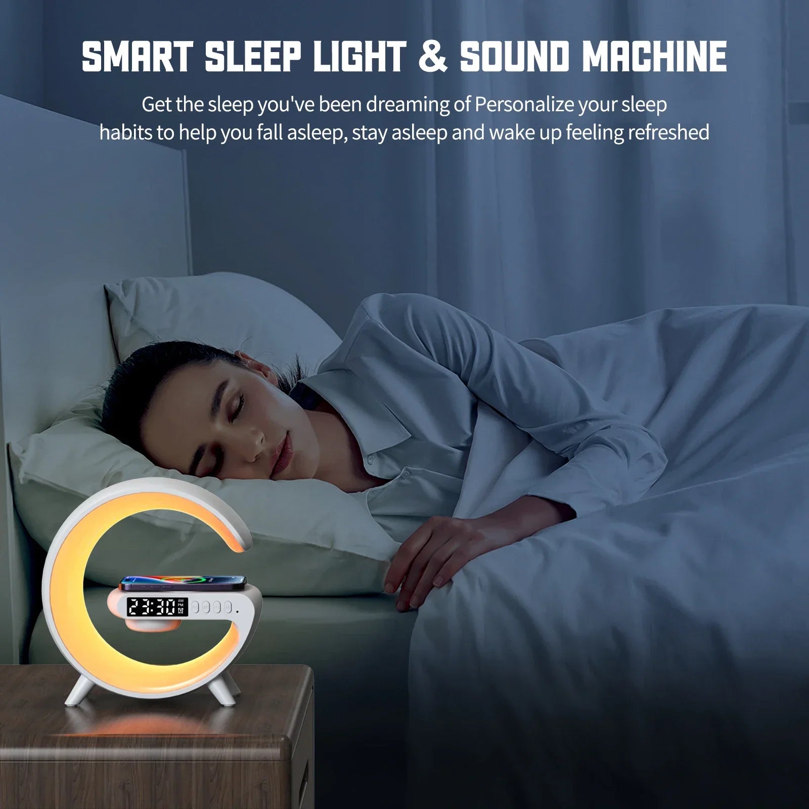 Woman sleeping next to crescent moon-shaped smart sleep light and sound machine on nightstand