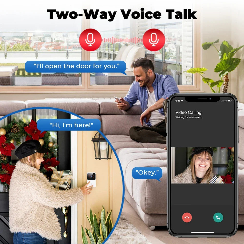 Zaranss smart video doorbell two-way voice talk, man on sofa video chatting with woman at front door.