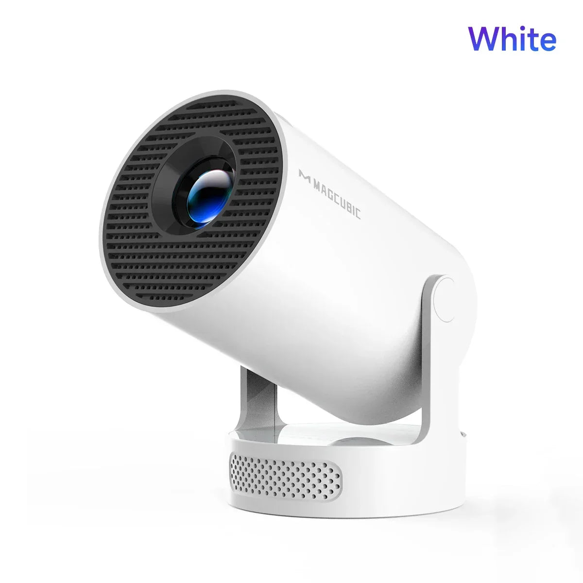 White Magcubic projector with blue lens on a stand, modern design, Zaranss electronics