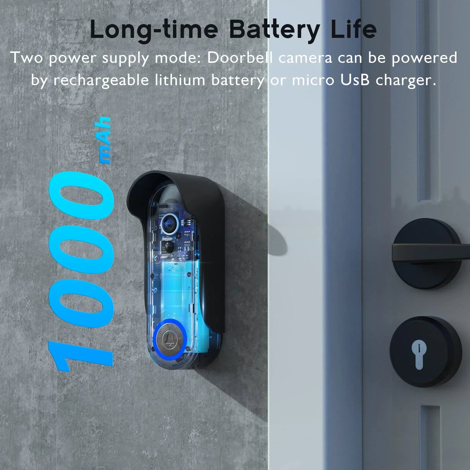 Zaranss 1000mAh wireless video doorbell camera with long battery life and dual power options.