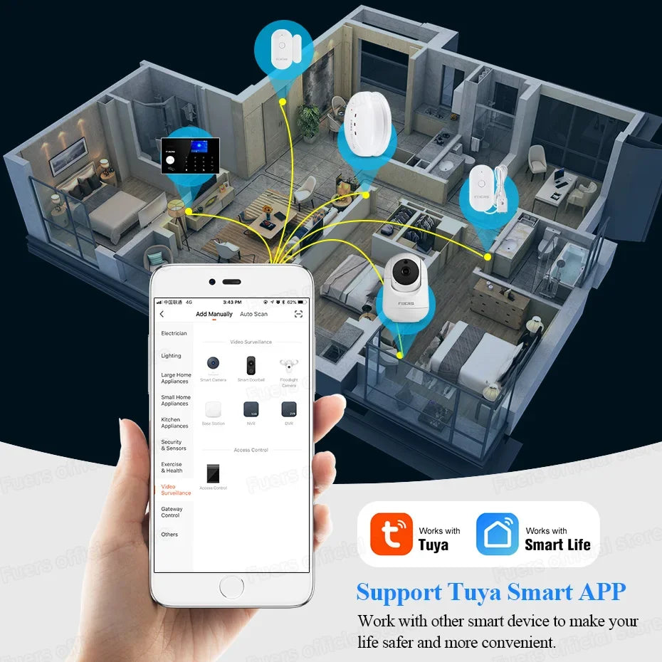 Hand holding smartphone showing Tuya Smart App interface controlling smart home security devices in modern apartment, Zaranss